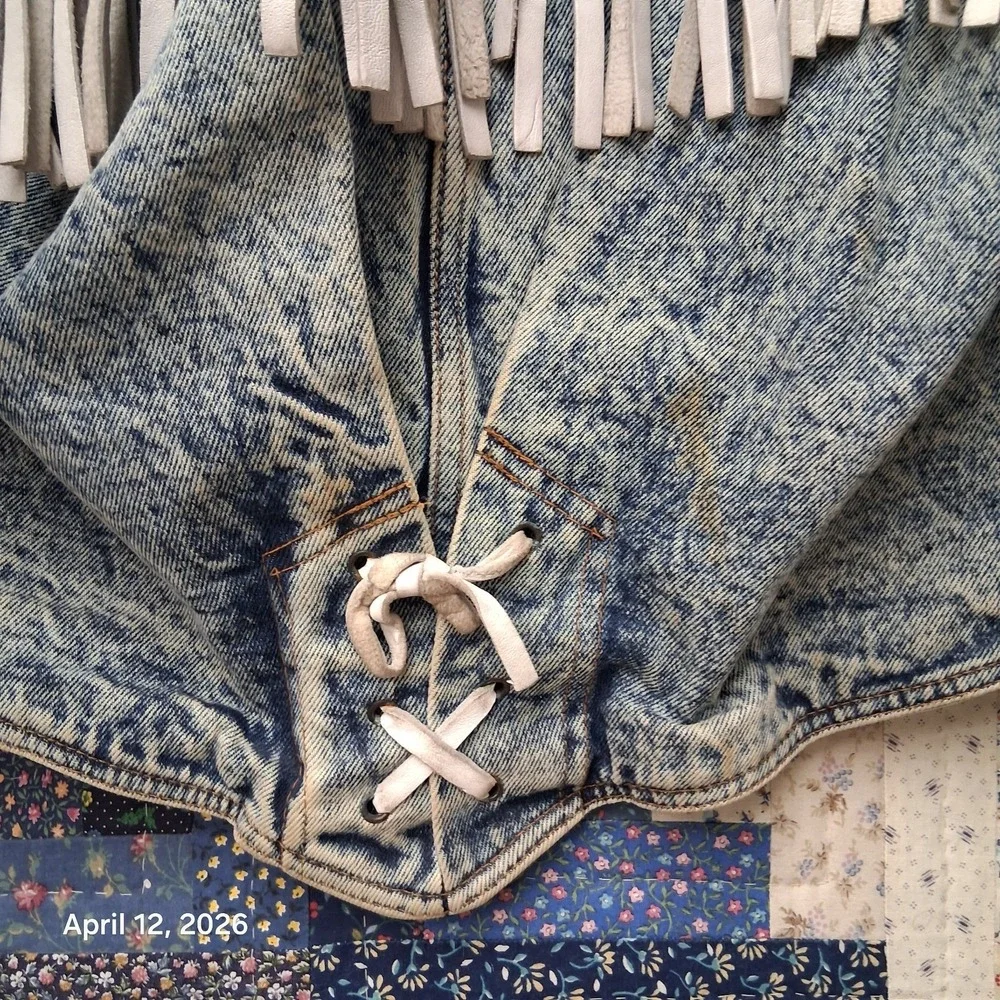Vintage HAVOC Western Fringe Acid Wash Denim Jacket Womens Size Large 80s BOHO - Picture 6 of 11